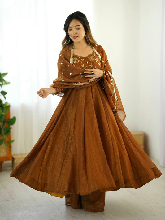 Elegant Designer Crunchy Silk Embroidered Anarkali Gown Set with Dupatta