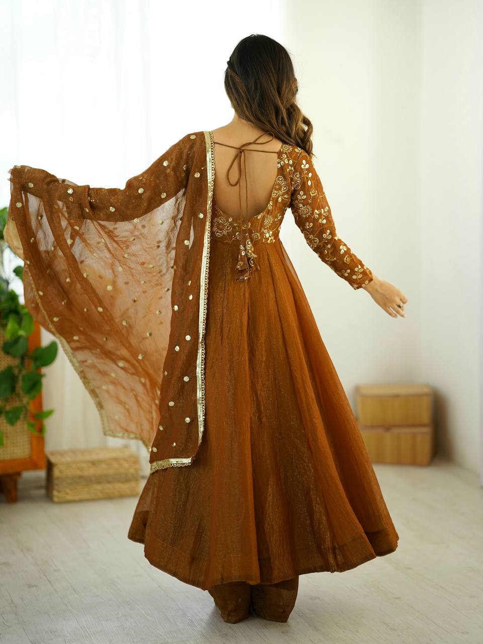 Elegant Designer Crunchy Silk Embroidered Anarkali Gown Set with Dupatta