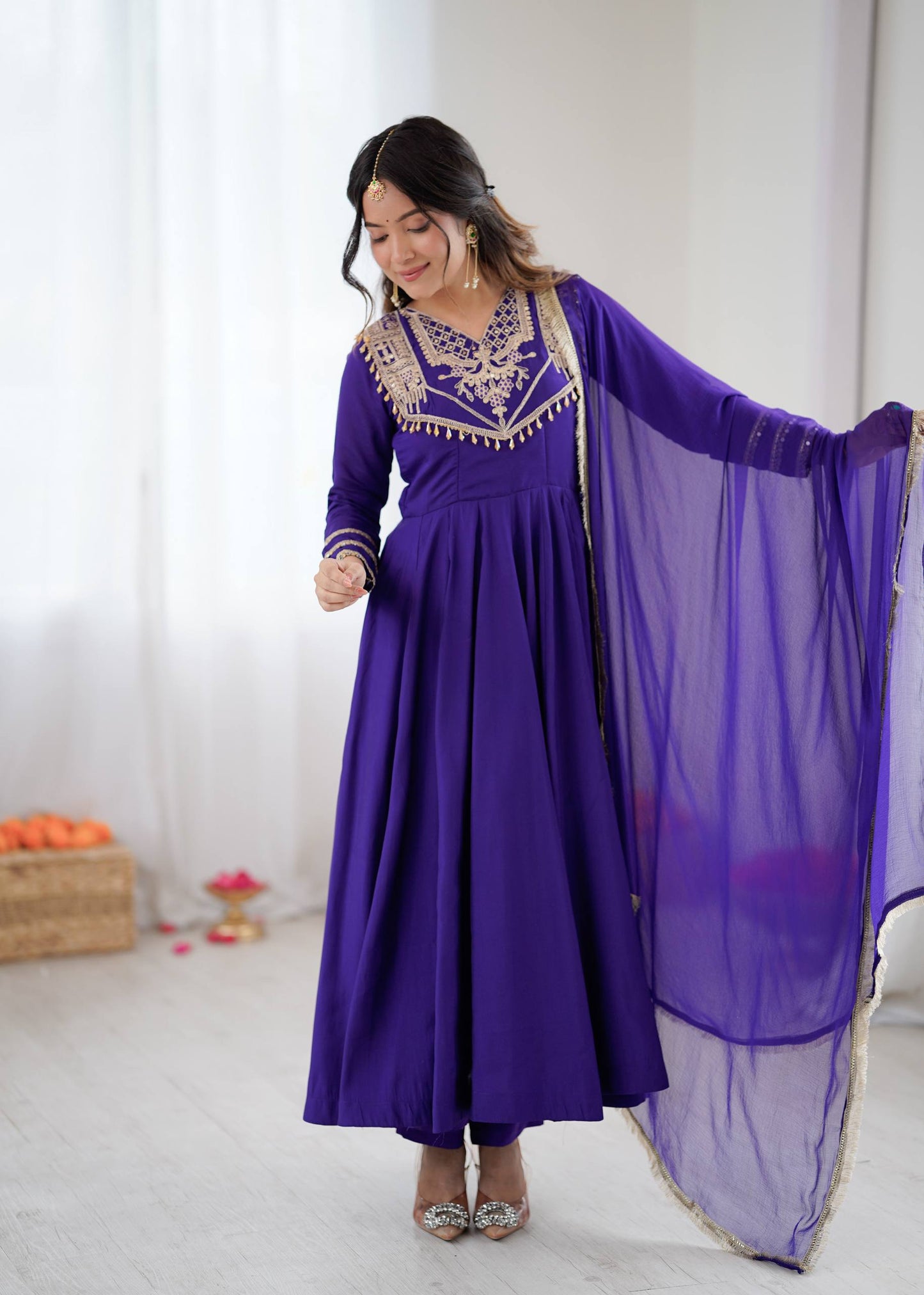 Premium Roman Silk Anarkali Gown Set with Dupatta – Fully Stitched Party Wear Anarkali Suit for Women (4.5m Flair)