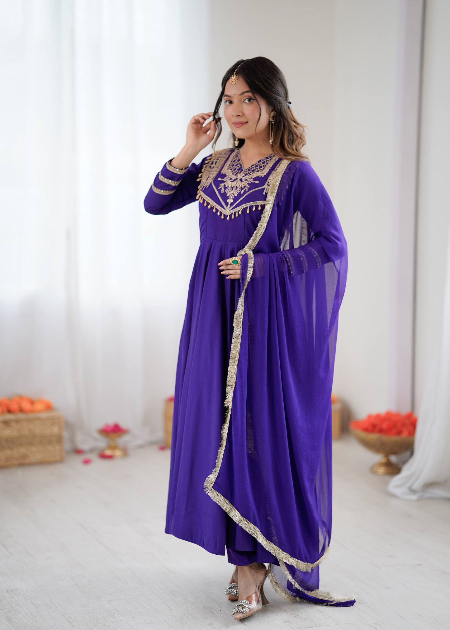 Premium Roman Silk Anarkali Gown Set with Dupatta – Fully Stitched Party Wear Anarkali Suit for Women (4.5m Flair)