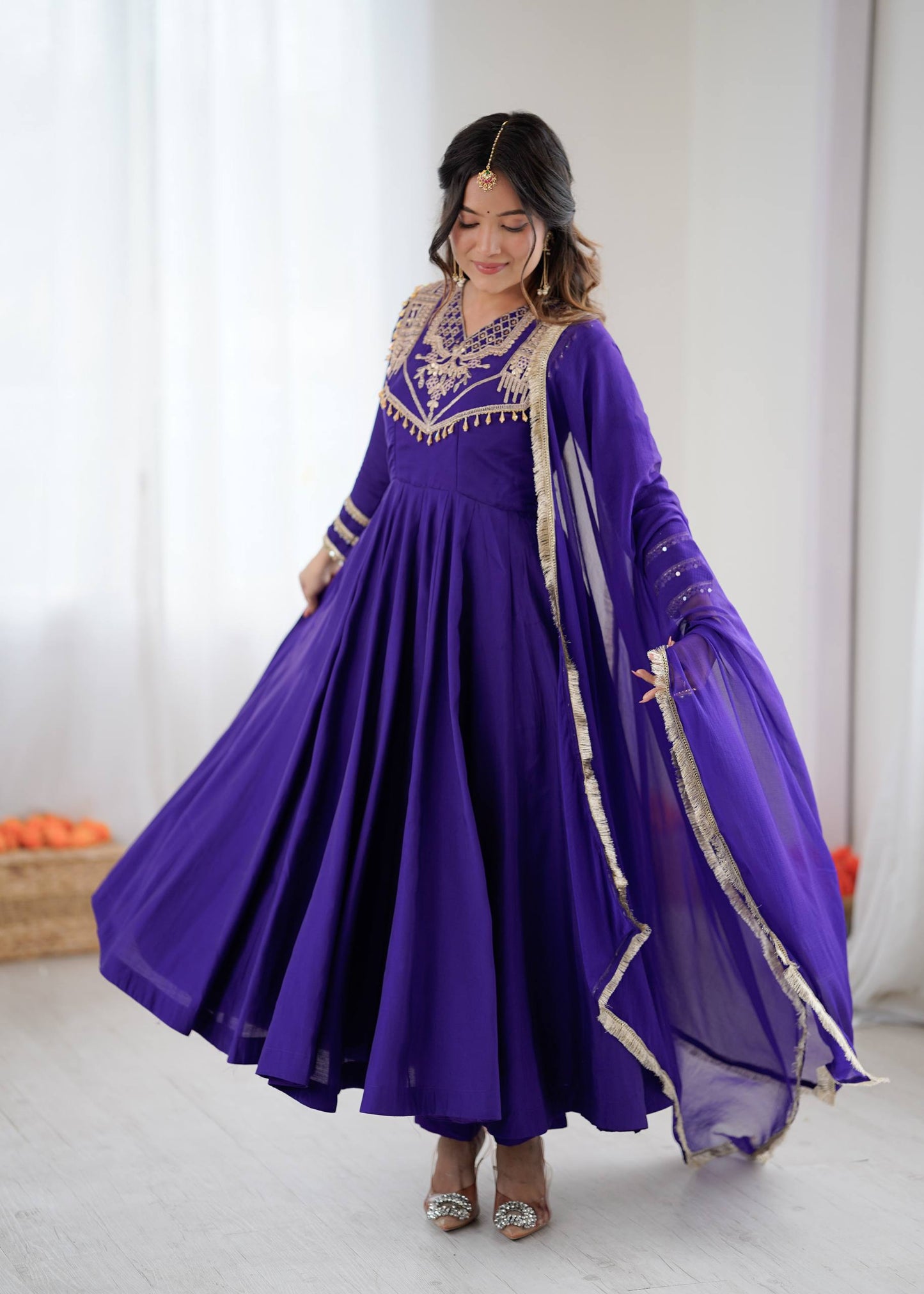 Premium Roman Silk Anarkali Gown Set with Dupatta – Fully Stitched Party Wear Anarkali Suit for Women (4.5m Flair)