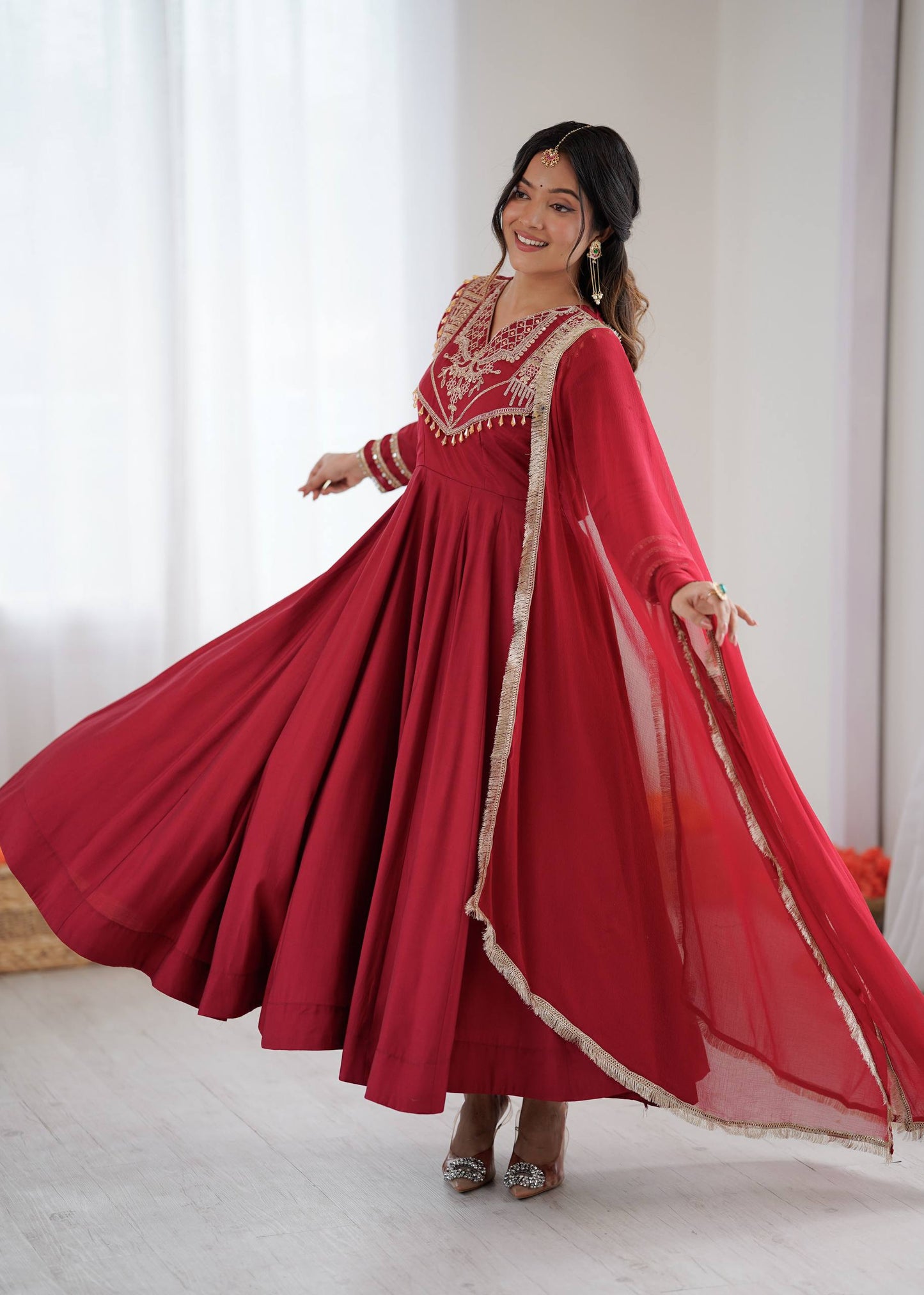 Premium Roman Silk Anarkali Gown Set with Dupatta – Fully Stitched Party Wear Anarkali Suit for Women (4.5m Flair)