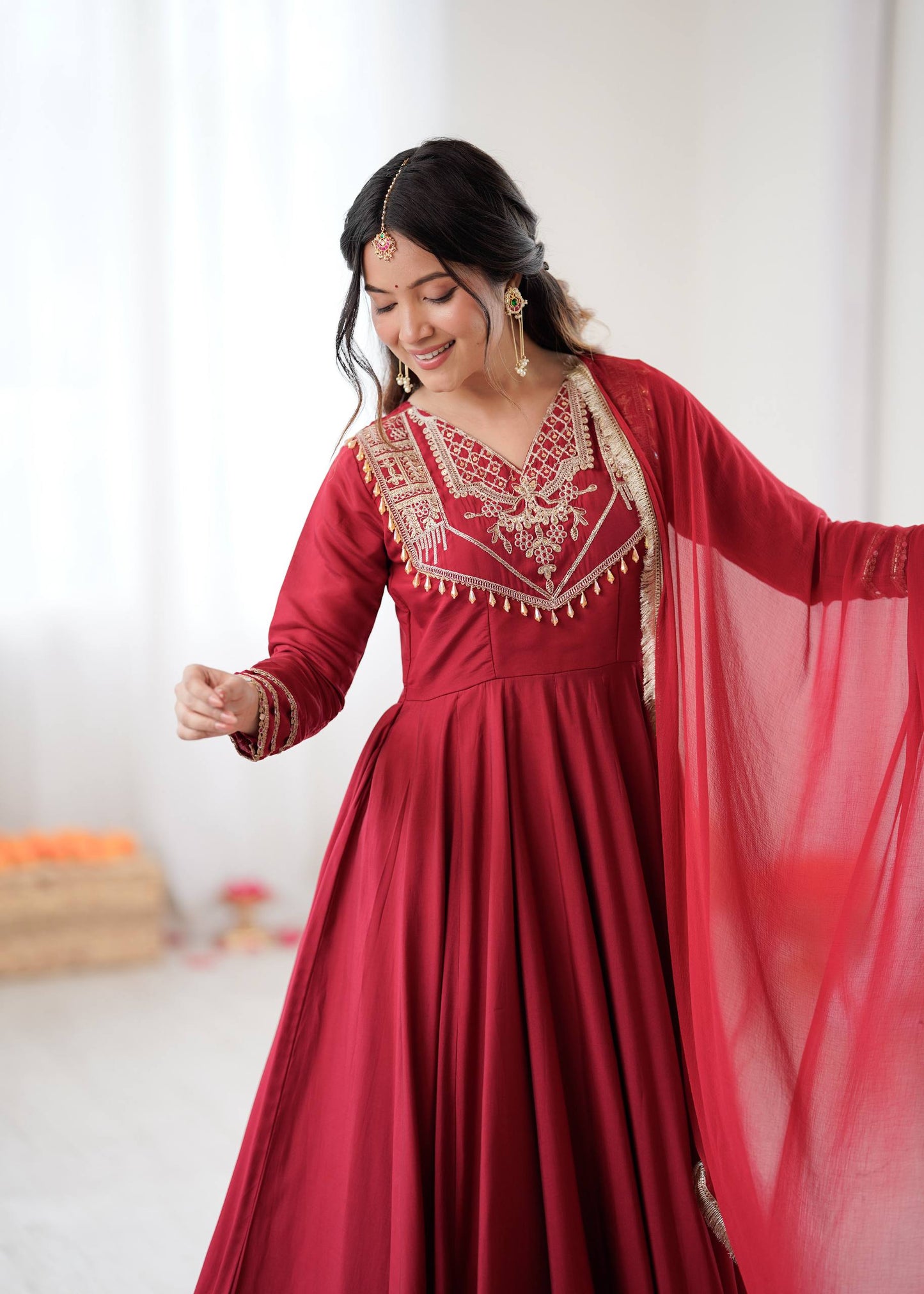 Premium Roman Silk Anarkali Gown Set with Dupatta – Fully Stitched Party Wear Anarkali Suit for Women (4.5m Flair)