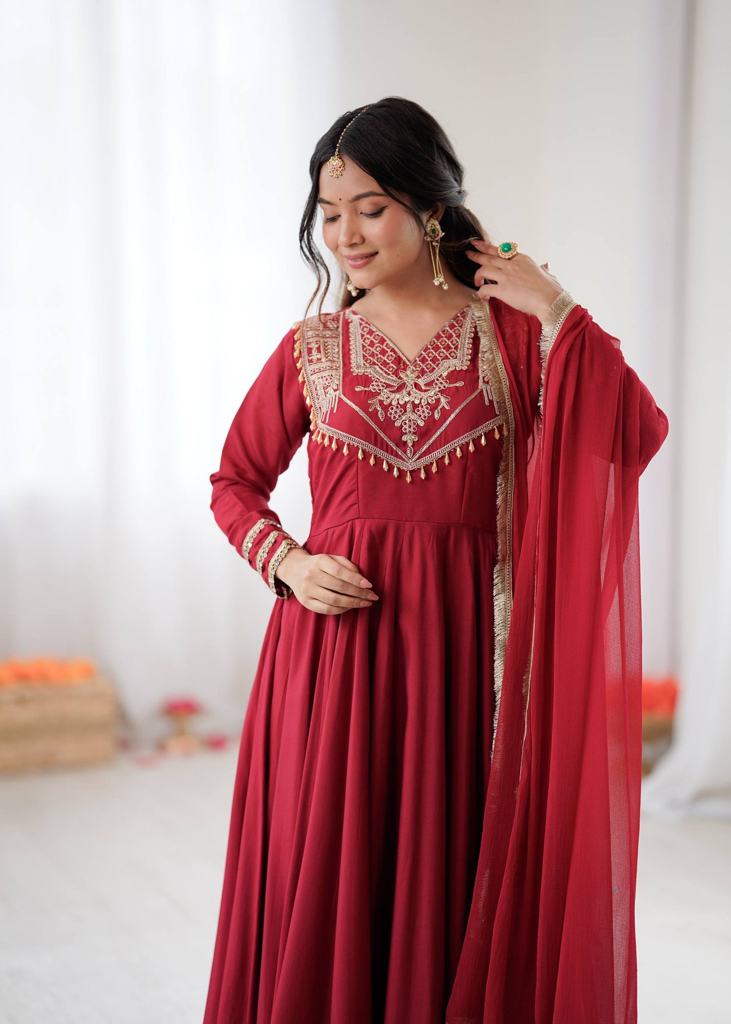 Premium Roman Silk Anarkali Gown Set with Dupatta – Fully Stitched Party Wear Anarkali Suit for Women (4.5m Flair)