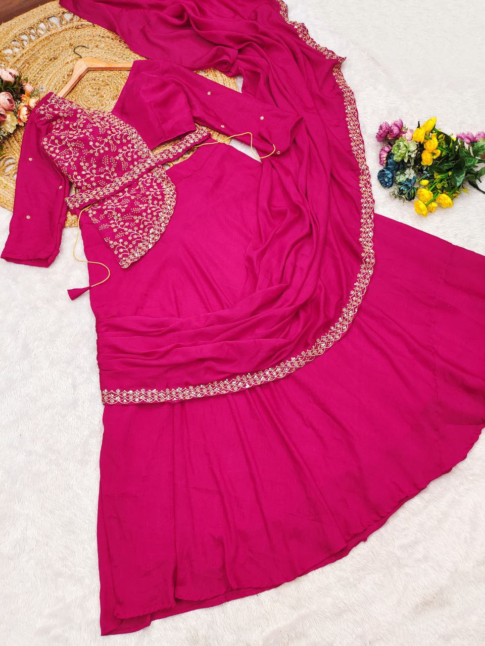 Chinnon Silk Lehenga Saree with Embroidered Belt, Jacket Blouse & Dupatta – Multi Thread Sequence Work Designer Festive Outfit