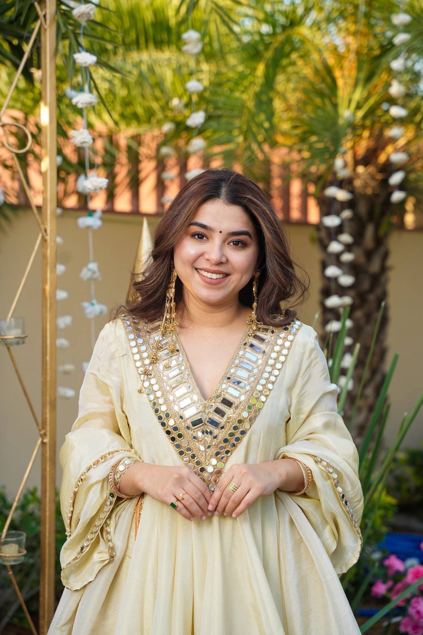 Embroidered Simmer Silk 3-Piece Set with Mirror Work & Fancy Dupatta