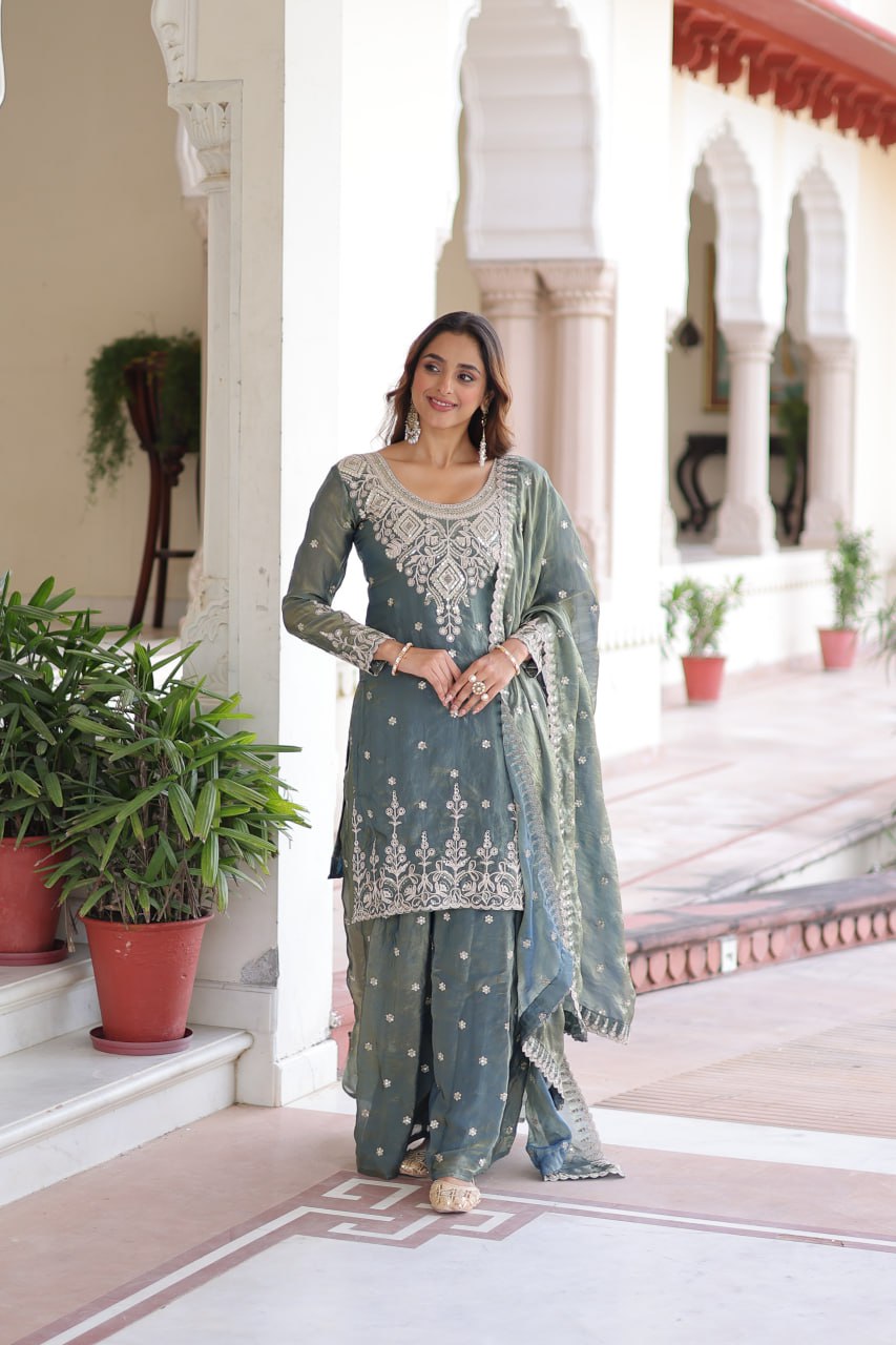 Fendi Silk Sequins Embroidered Kurti Sharara Set with Dupatta