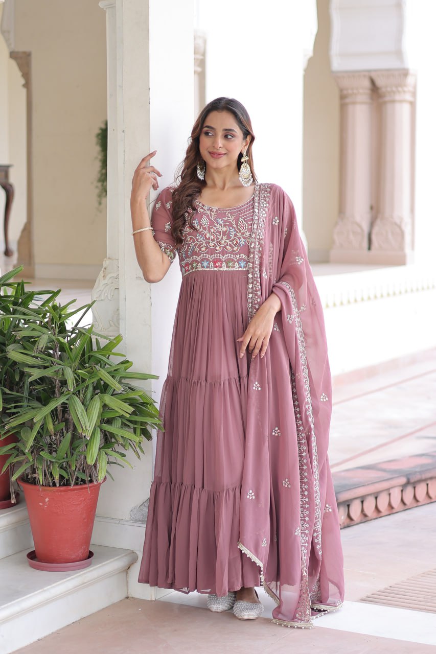 Faux Blooming Sequins & Beads Embroidered Gown with Dupatta