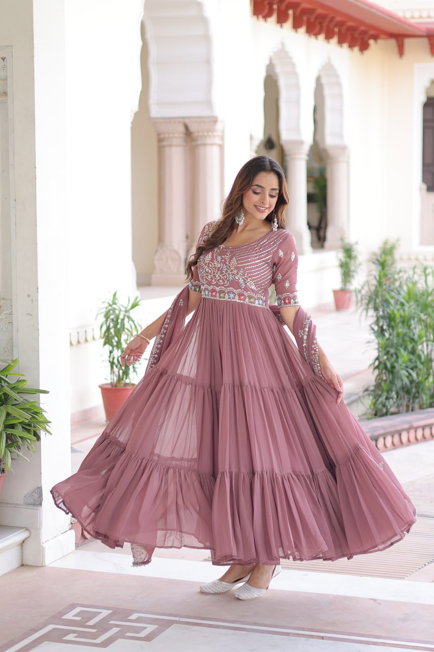 Faux Blooming Sequins & Beads Embroidered Gown with Dupatta