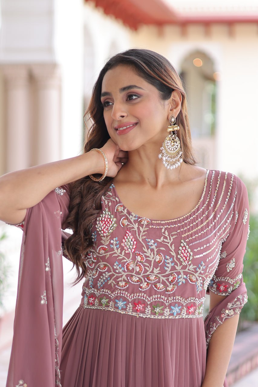 Faux Blooming Sequins & Beads Embroidered Gown with Dupatta