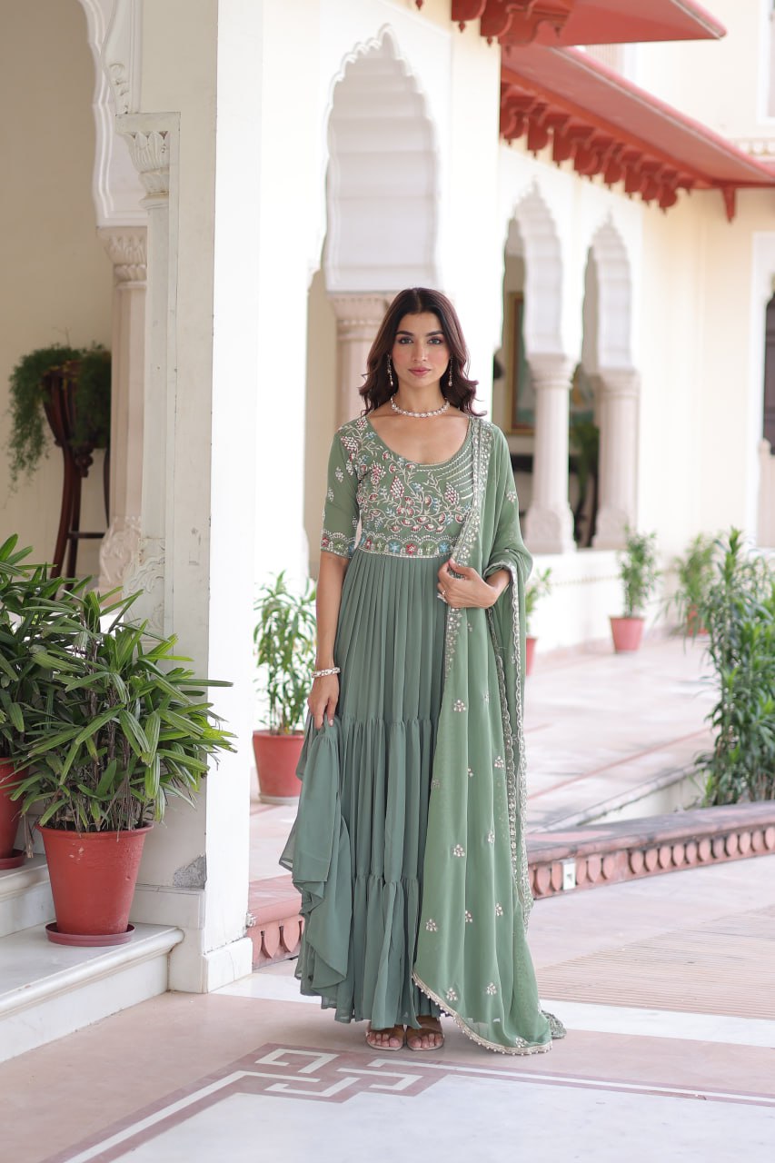 Faux Blooming Sequins & Beads Embroidered Gown with Dupatta