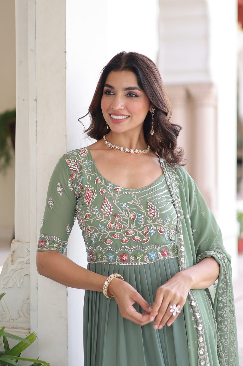 Faux Blooming Sequins & Beads Embroidered Gown with Dupatta