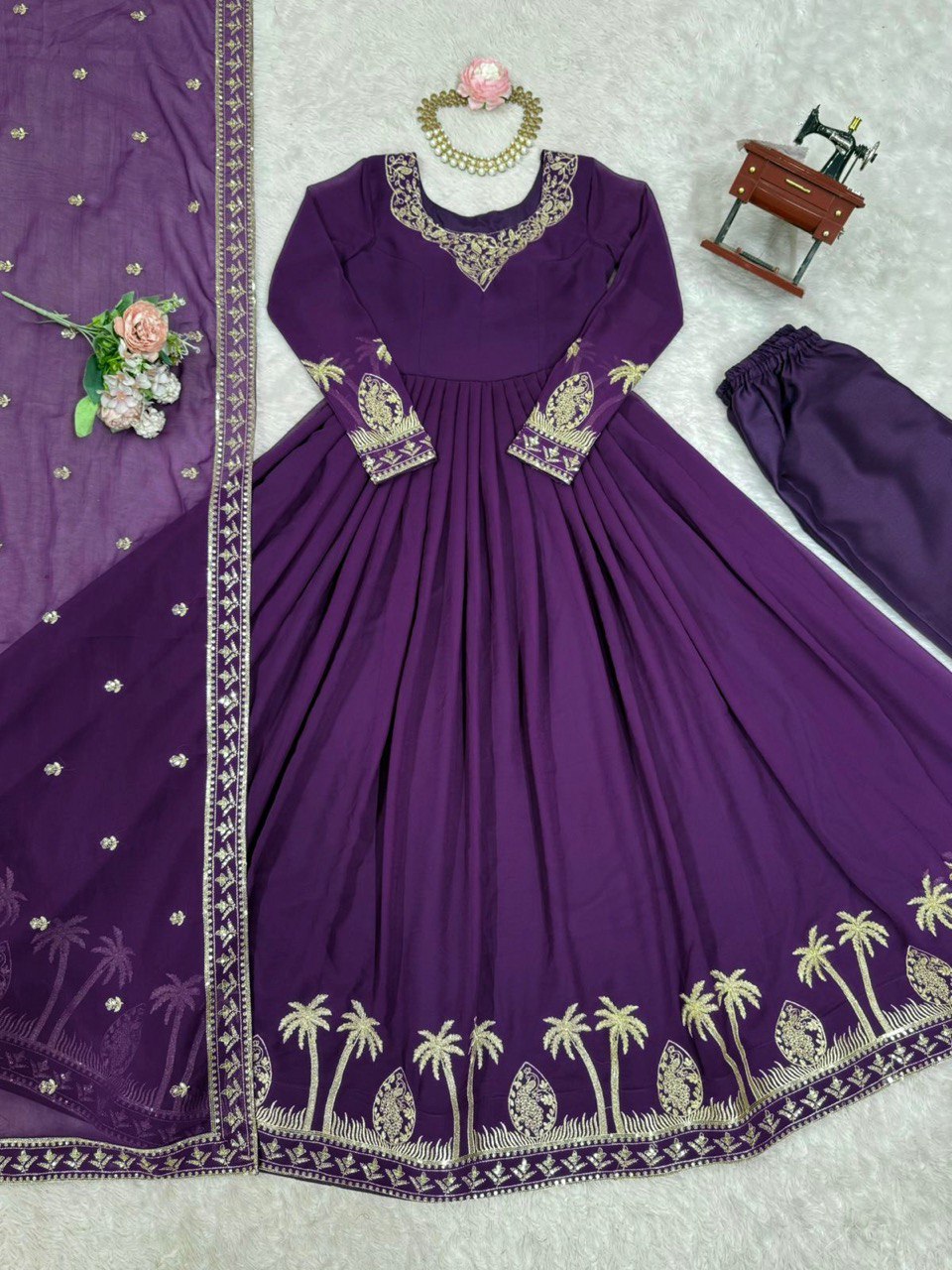Faux Georgette Sequence Work Gown Set with Pant & Dupatta