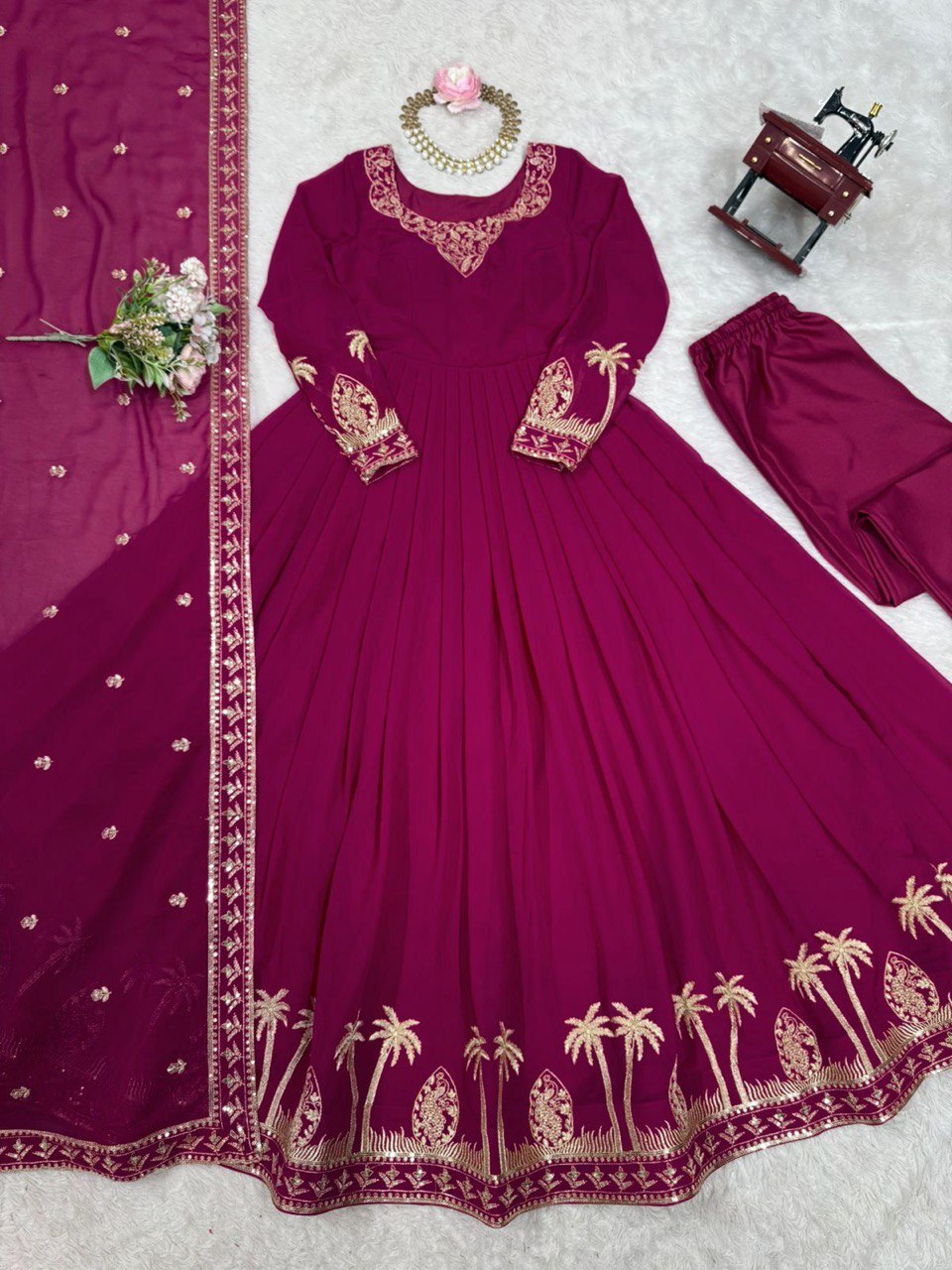 Faux Georgette Sequence Work Gown Set with Pant & Dupatta