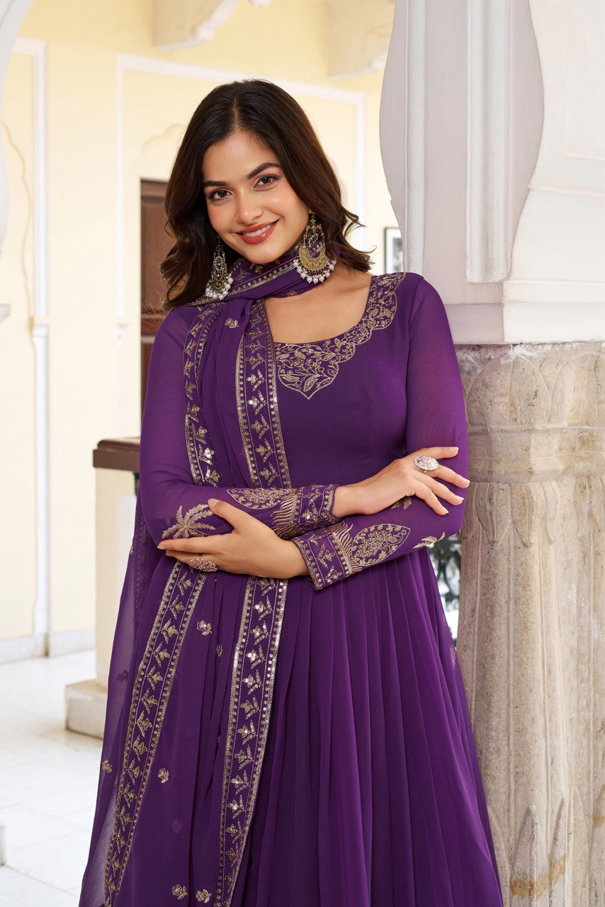 Faux Georgette Sequence Work Gown Set with Pant & Dupatta