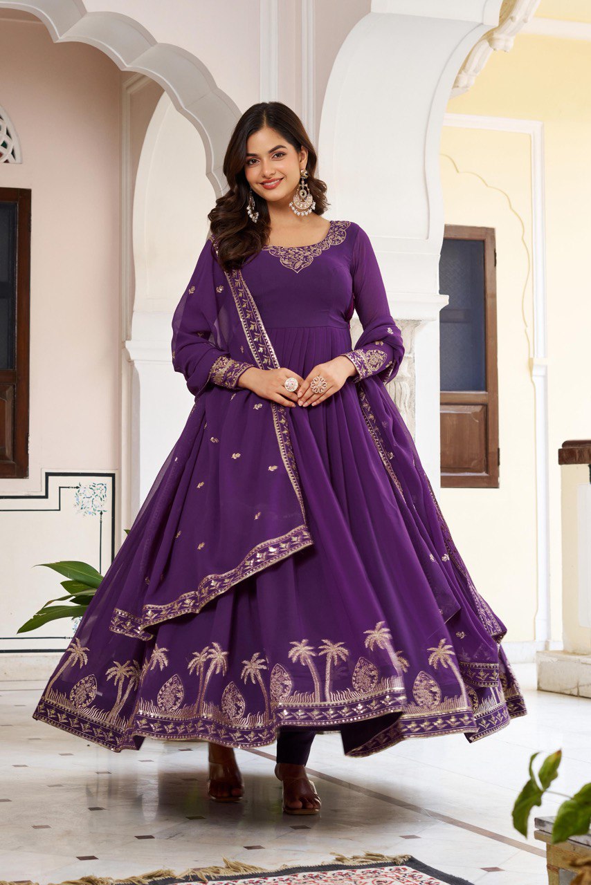 Faux Georgette Sequence Work Gown Set with Pant & Dupatta