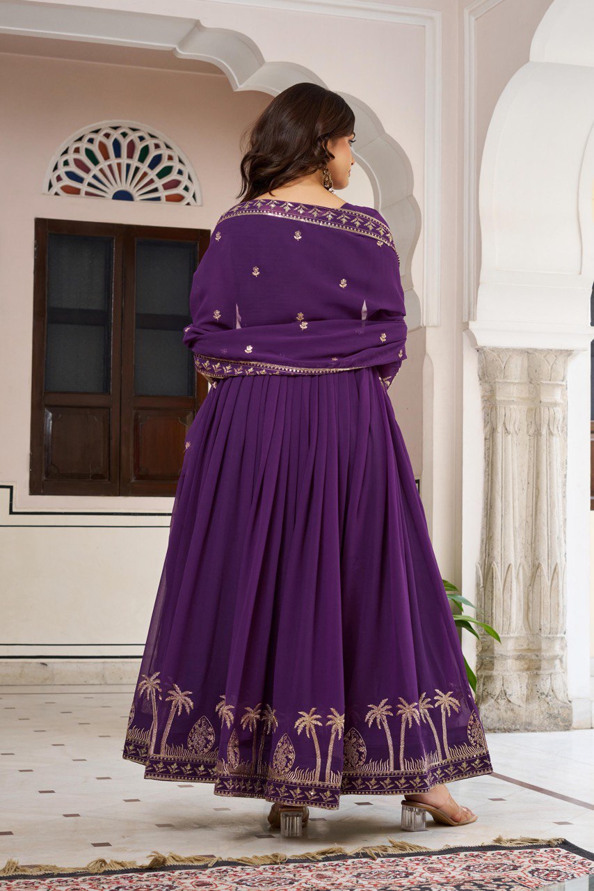 Faux Georgette Sequence Work Gown Set with Pant & Dupatta
