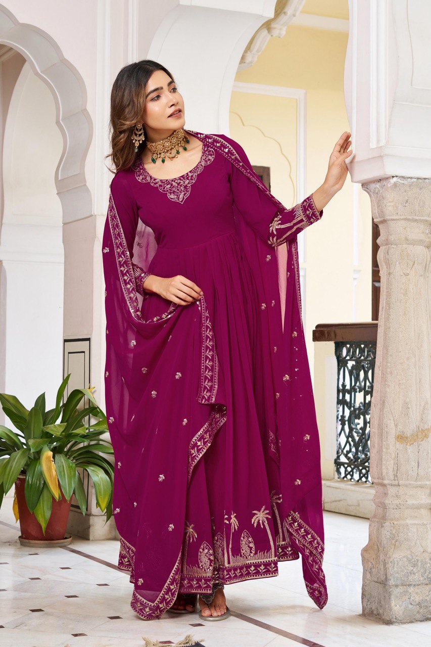 Faux Georgette Sequence Work Gown Set with Pant & Dupatta