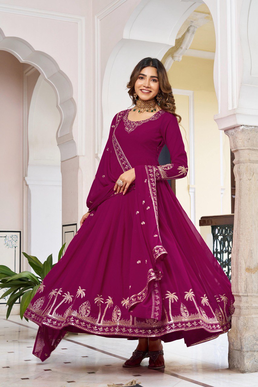 Faux Georgette Sequence Work Gown Set with Pant & Dupatta