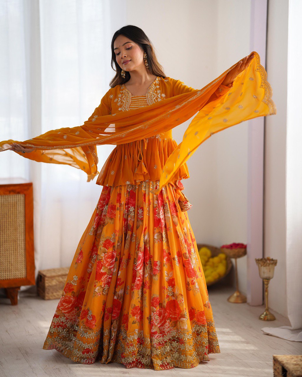 Digital Print Georgette Lehenga with Koti, Choli & Dupatta