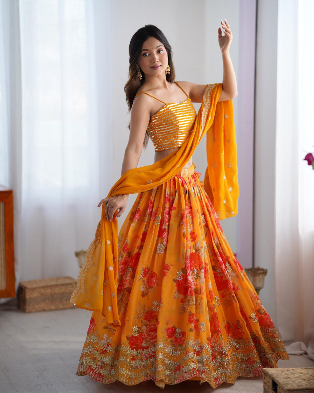 Digital Print Georgette Lehenga with Koti, Choli & Dupatta