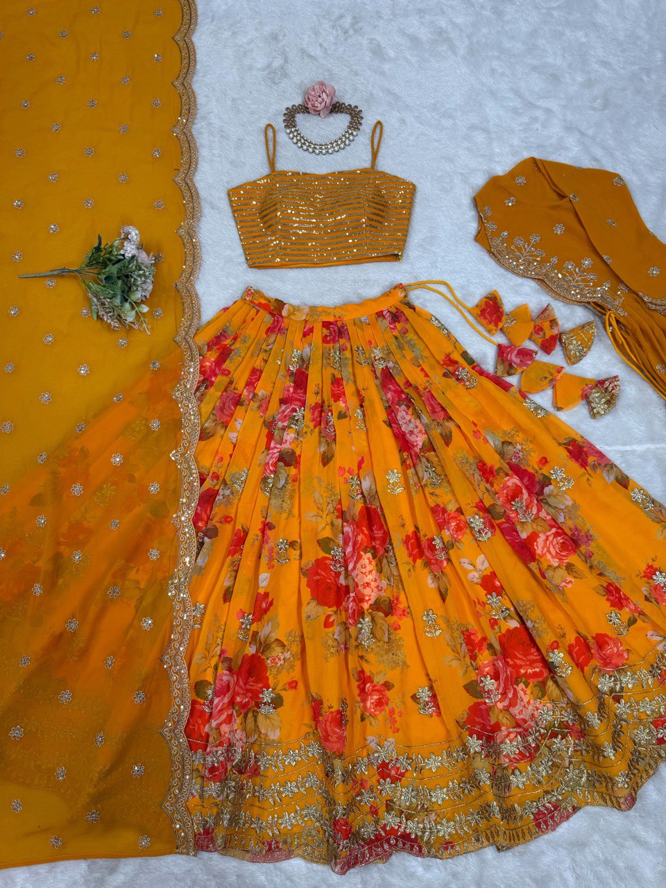 Digital Print Georgette Lehenga with Koti, Choli & Dupatta