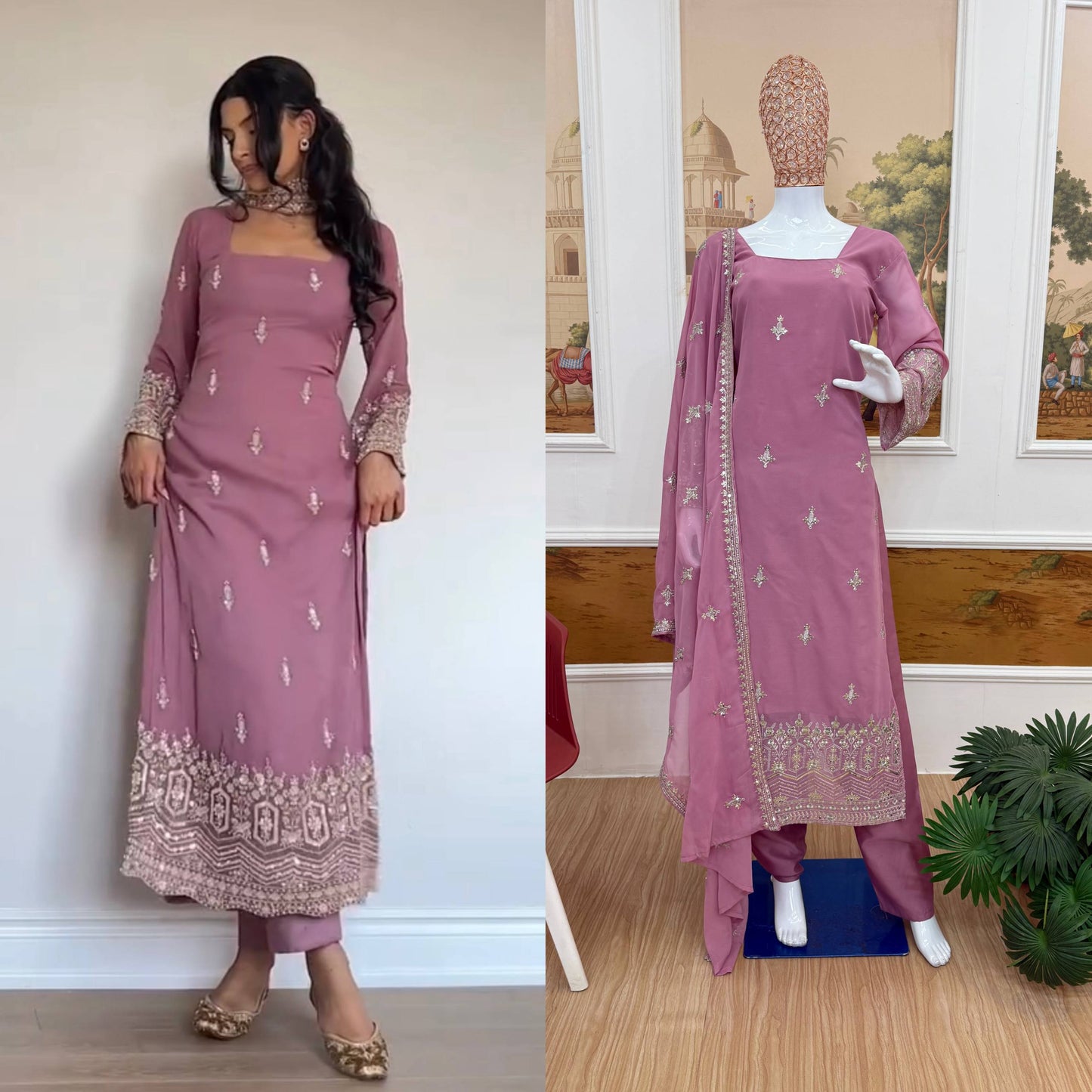 Faux Georgette Embroidered Kurti Set with Dupatta & Pant