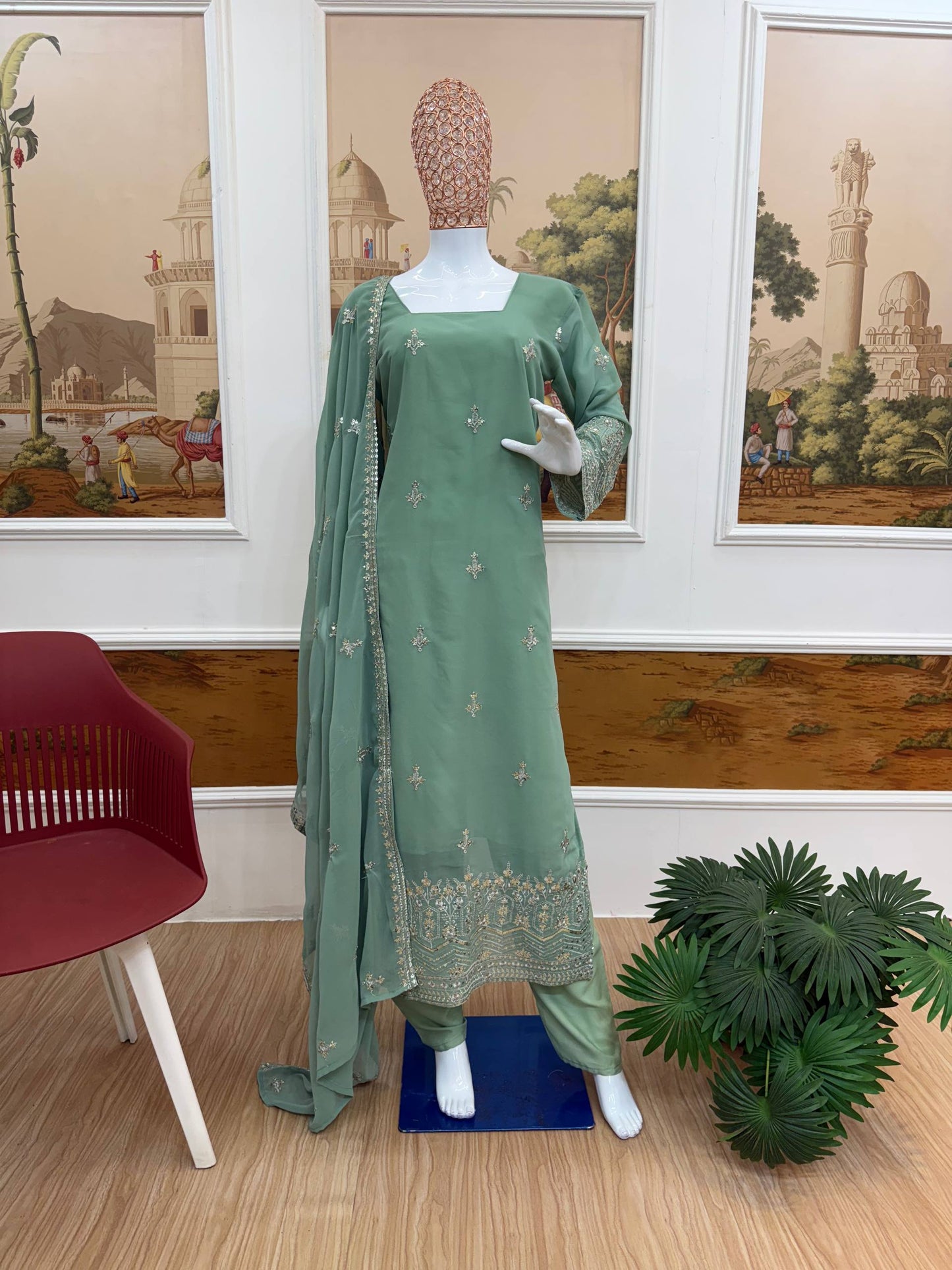 Faux Georgette Embroidered Kurti Set with Dupatta & Pant