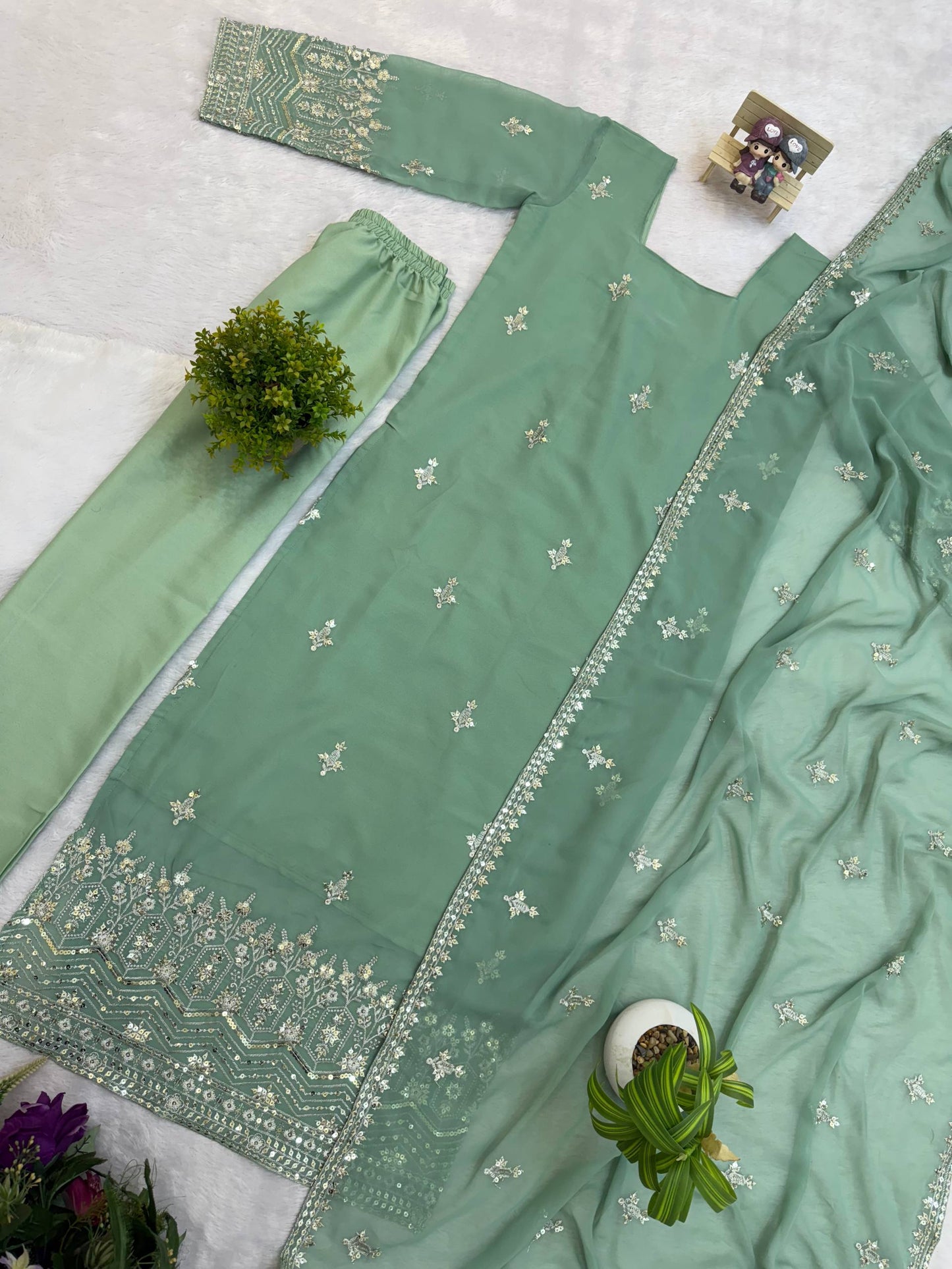 Faux Georgette Embroidered Kurti Set with Dupatta & Pant