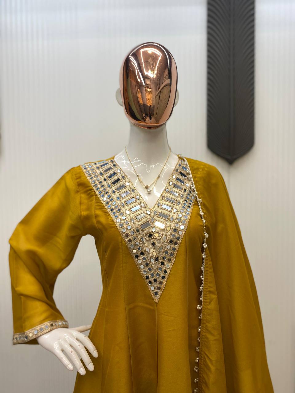 Embroidered Simmer Silk 3-Piece Set with Mirror Work & Fancy Dupatta