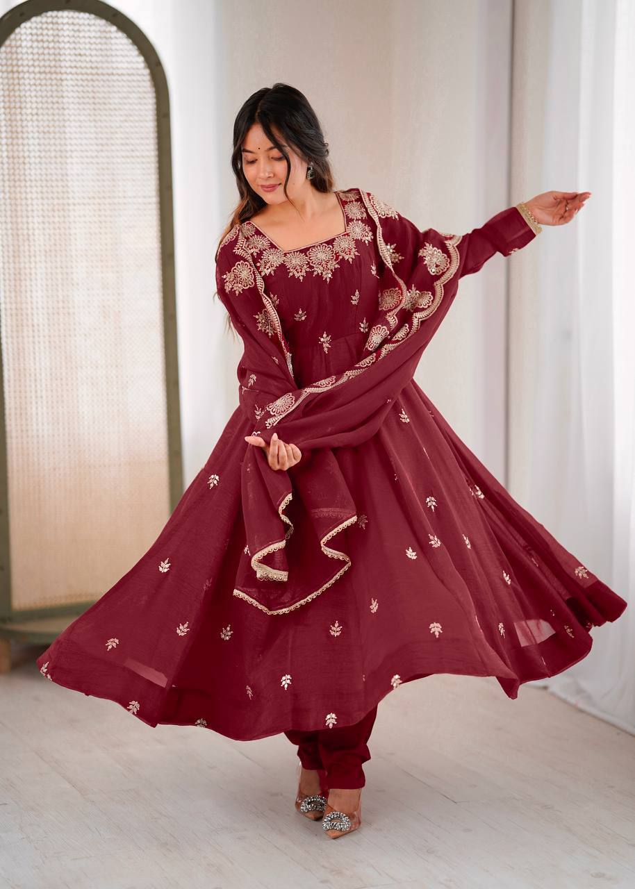 Crunchy Silk Embroidered Gown Set