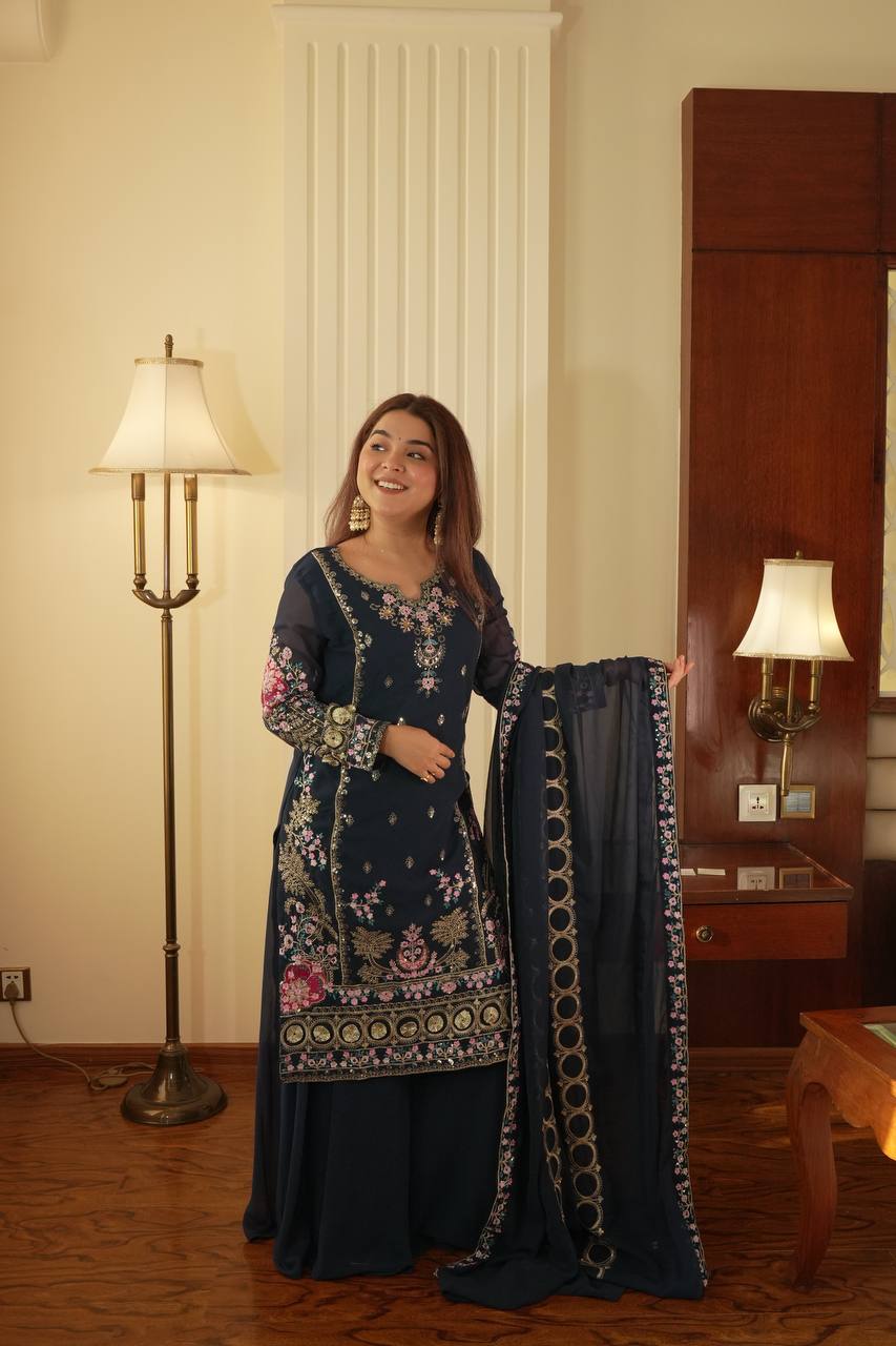 Elegant Fox Georgette Kurti Circular Plazzo Set with Embroidered Dupatta