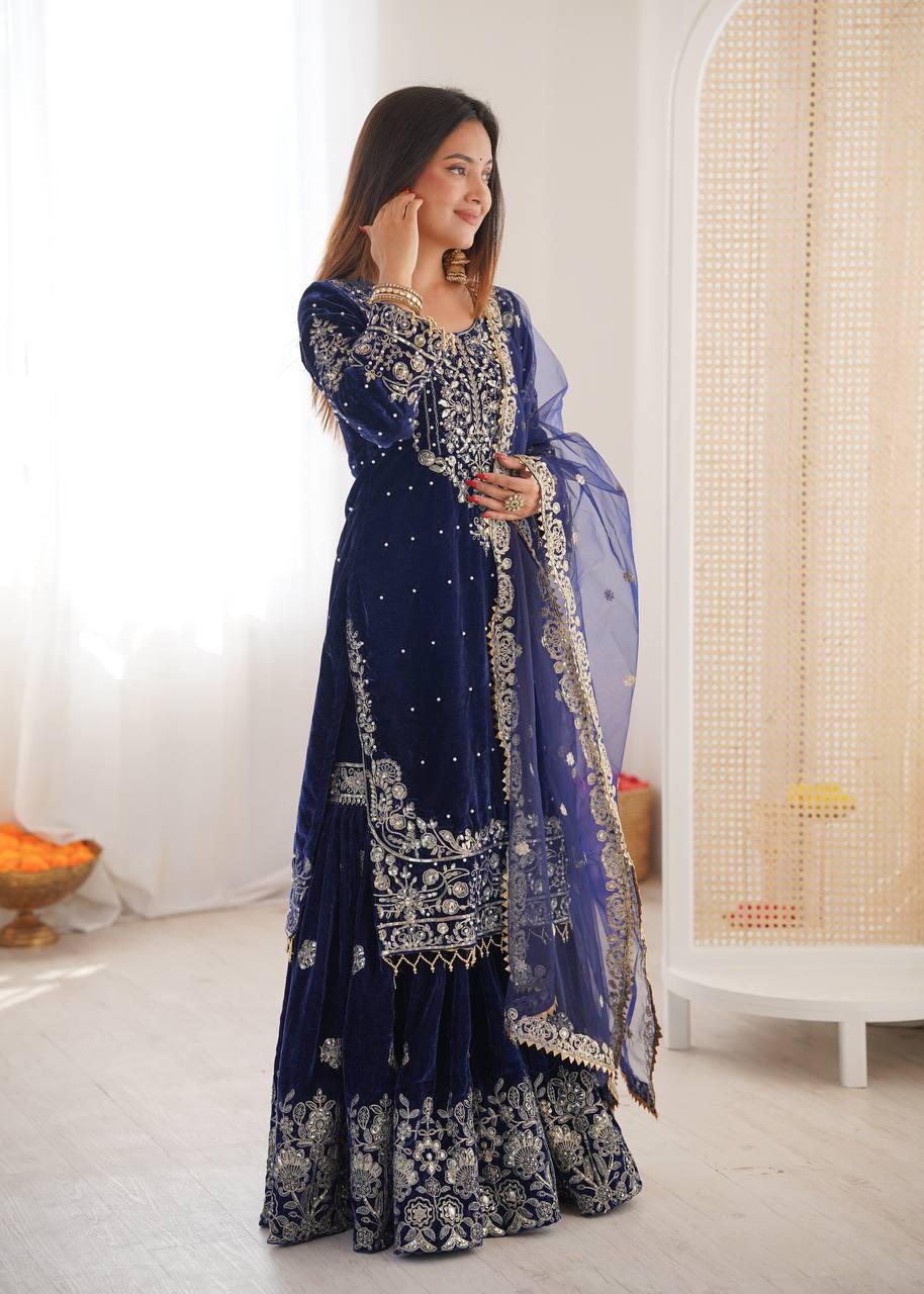 Premium Velvet Embroidered Sharara Set with Designer Dupatta