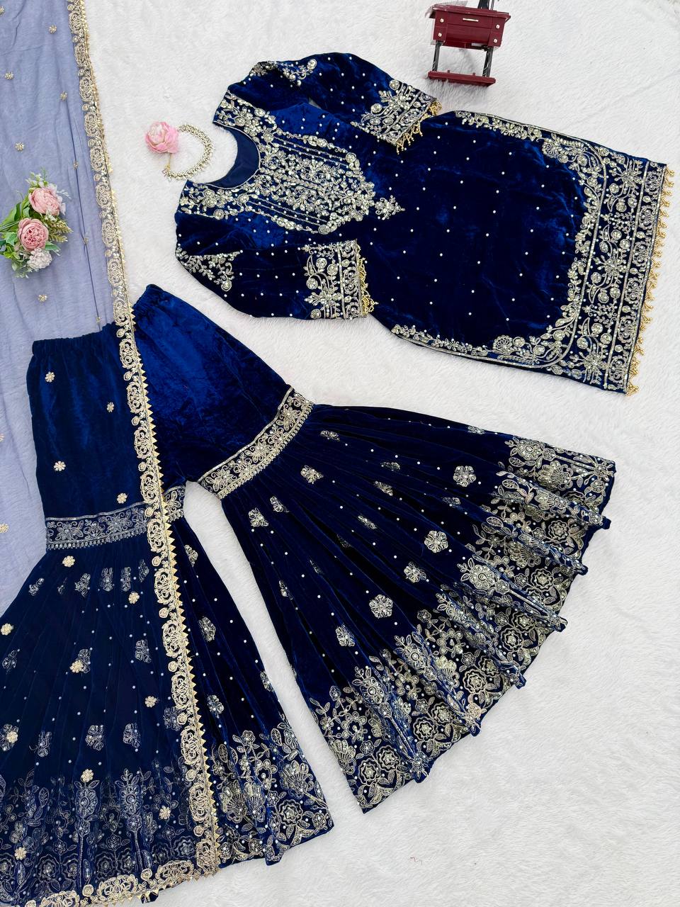 Premium Velvet Embroidered Sharara Set with Designer Dupatta