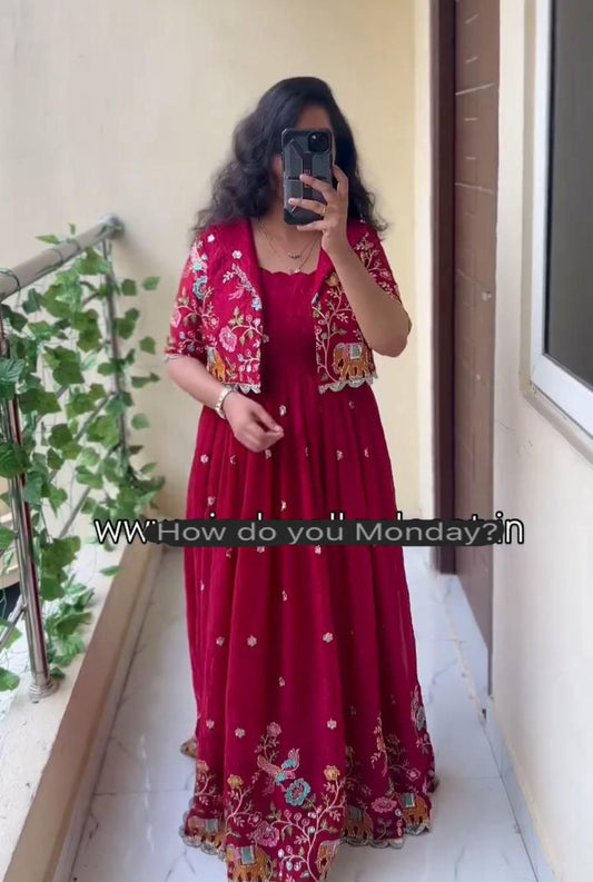 Faux Georgette Embroidered Gown & Pant Set