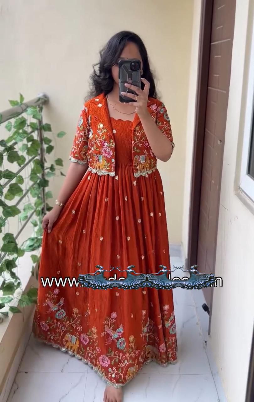 Faux Georgette Embroidered Gown & Pant Set