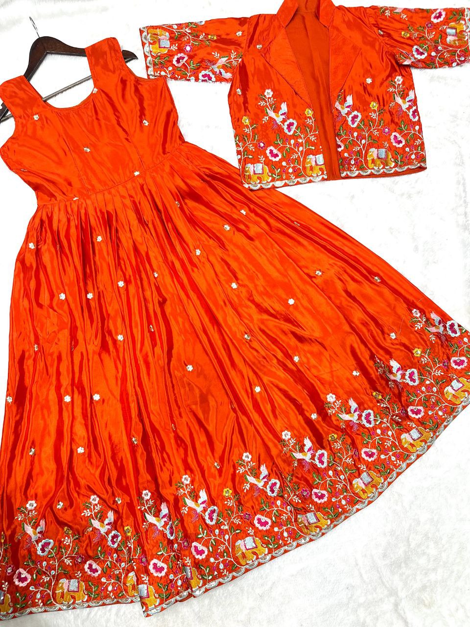 Faux Georgette Embroidered Gown & Pant Set