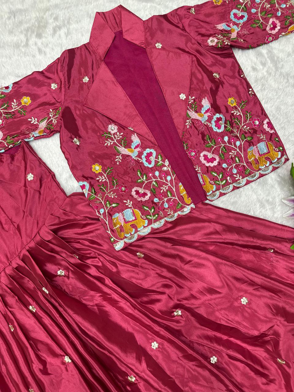 Faux Georgette Embroidered Gown & Pant Set