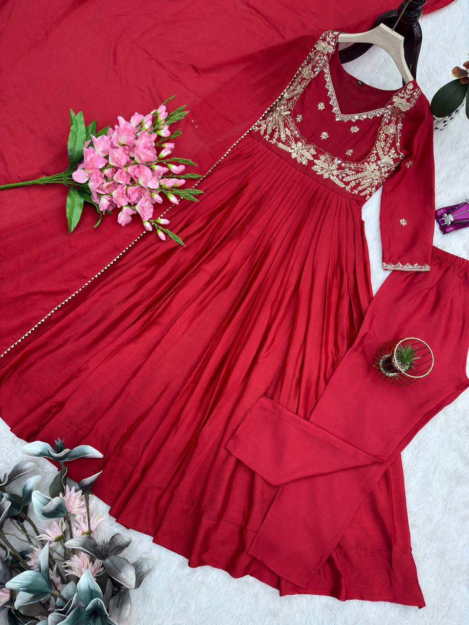 Premium Chinon Silk Embroidered Gown Set with Dupatta & Pant