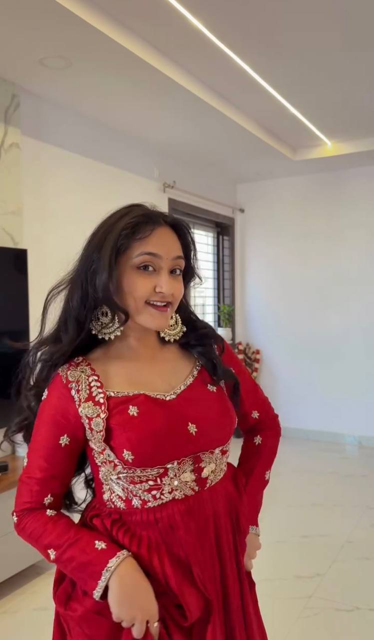 Premium Chinon Silk Embroidered Gown Set with Dupatta & Pant