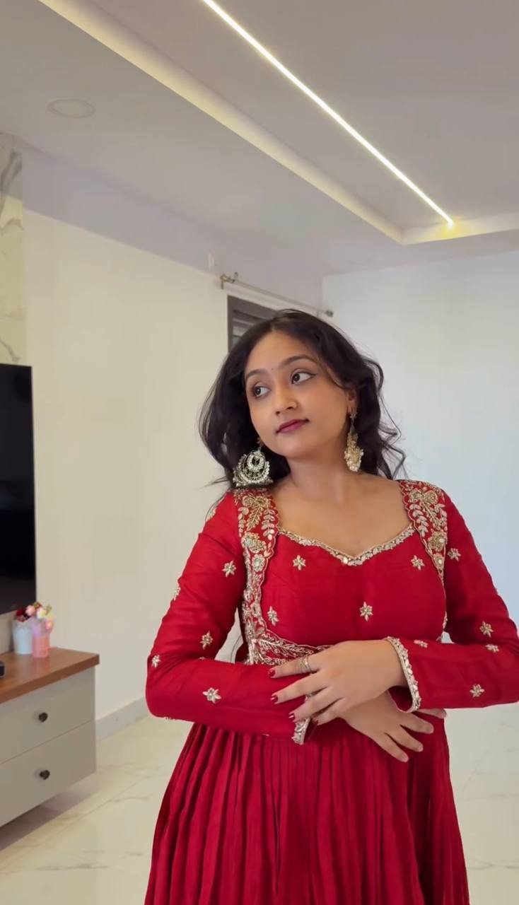 Premium Chinon Silk Embroidered Gown Set with Dupatta & Pant