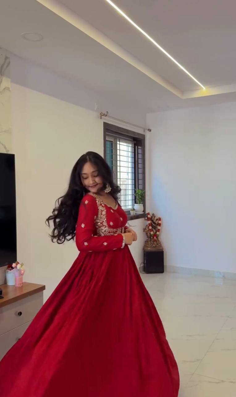 Premium Chinon Silk Embroidered Gown Set with Dupatta & Pant