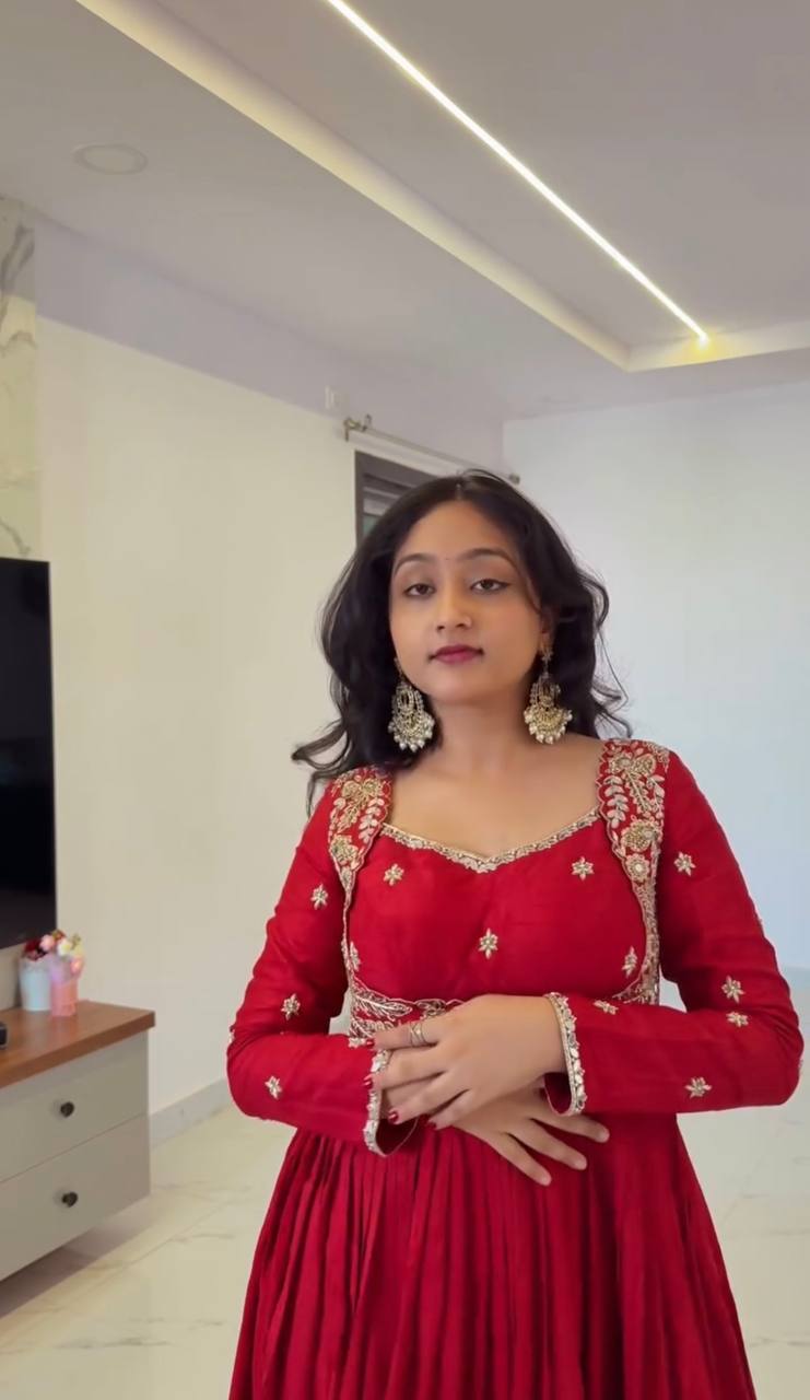 Premium Chinon Silk Embroidered Gown Set with Dupatta & Pant