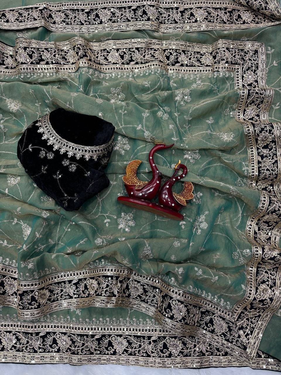 Moss Silk Saree with Sequence & Zari Embroidery and Velvet Lace Border