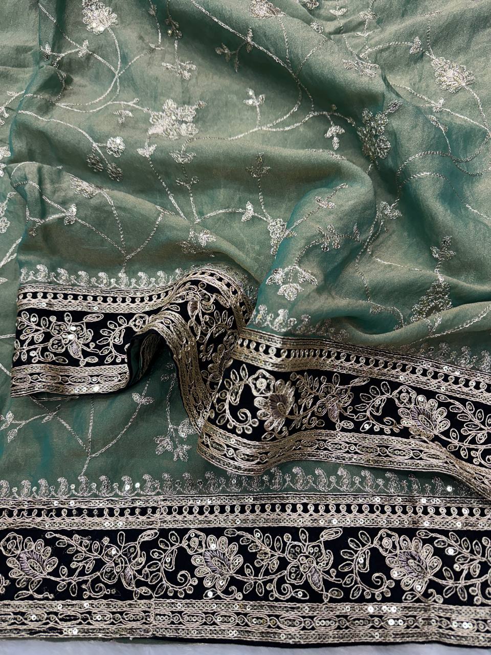 Moss Silk Saree with Sequence & Zari Embroidery and Velvet Lace Border