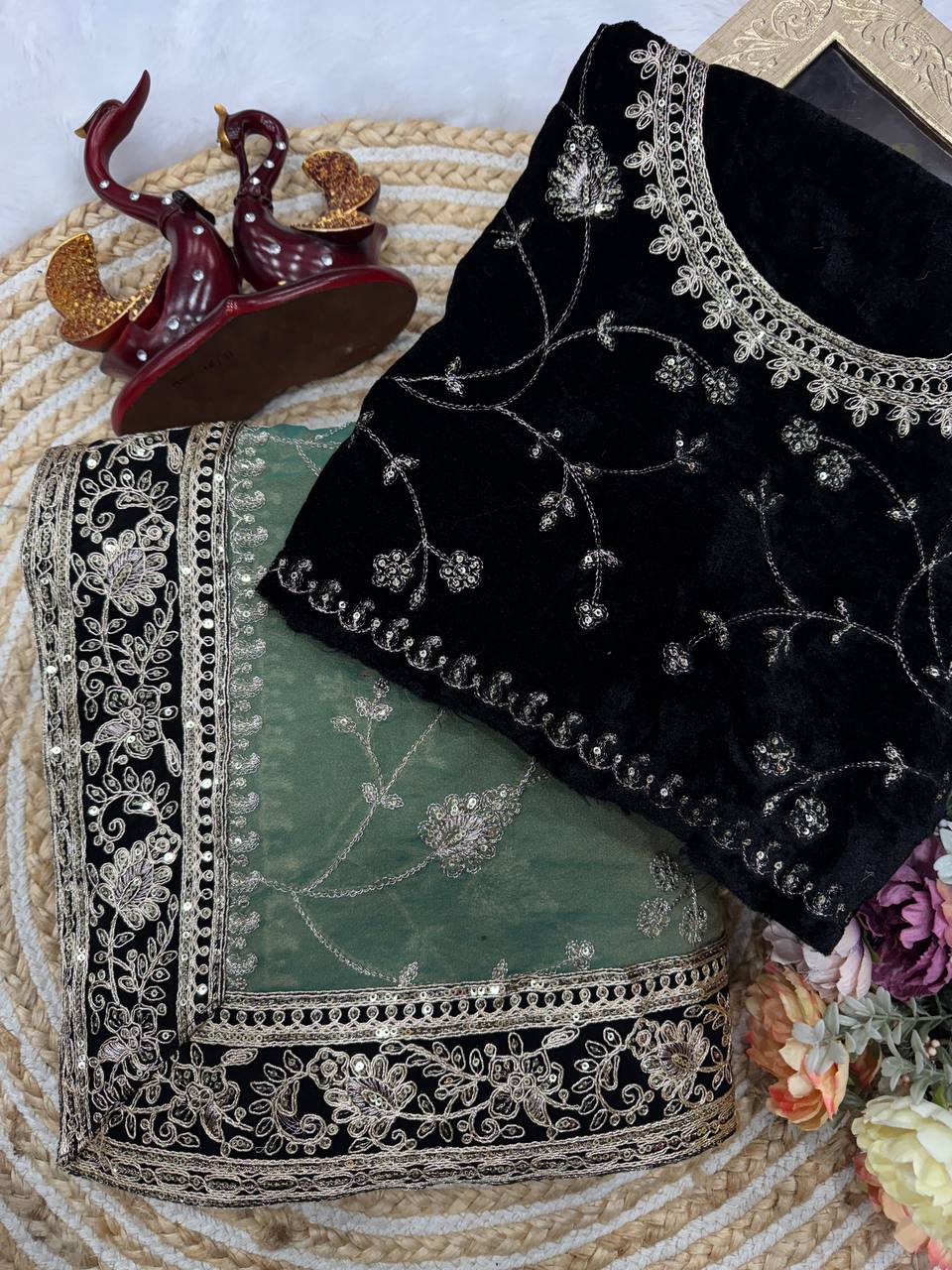 Moss Silk Saree with Sequence & Zari Embroidery and Velvet Lace Border