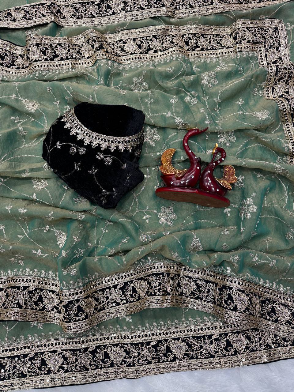 Moss Silk Saree with Sequence & Zari Embroidery and Velvet Lace Border