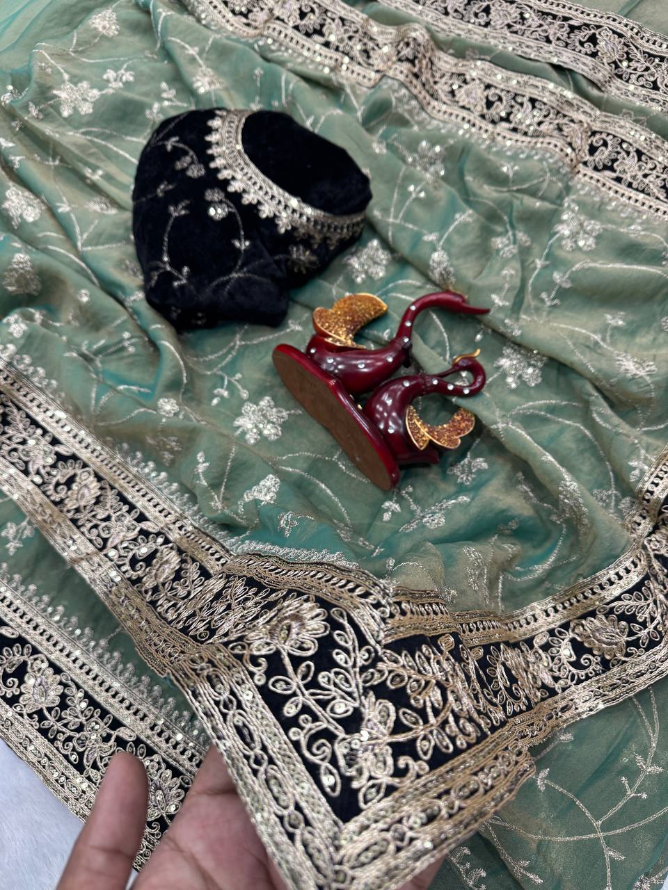 Moss Silk Saree with Sequence & Zari Embroidery and Velvet Lace Border