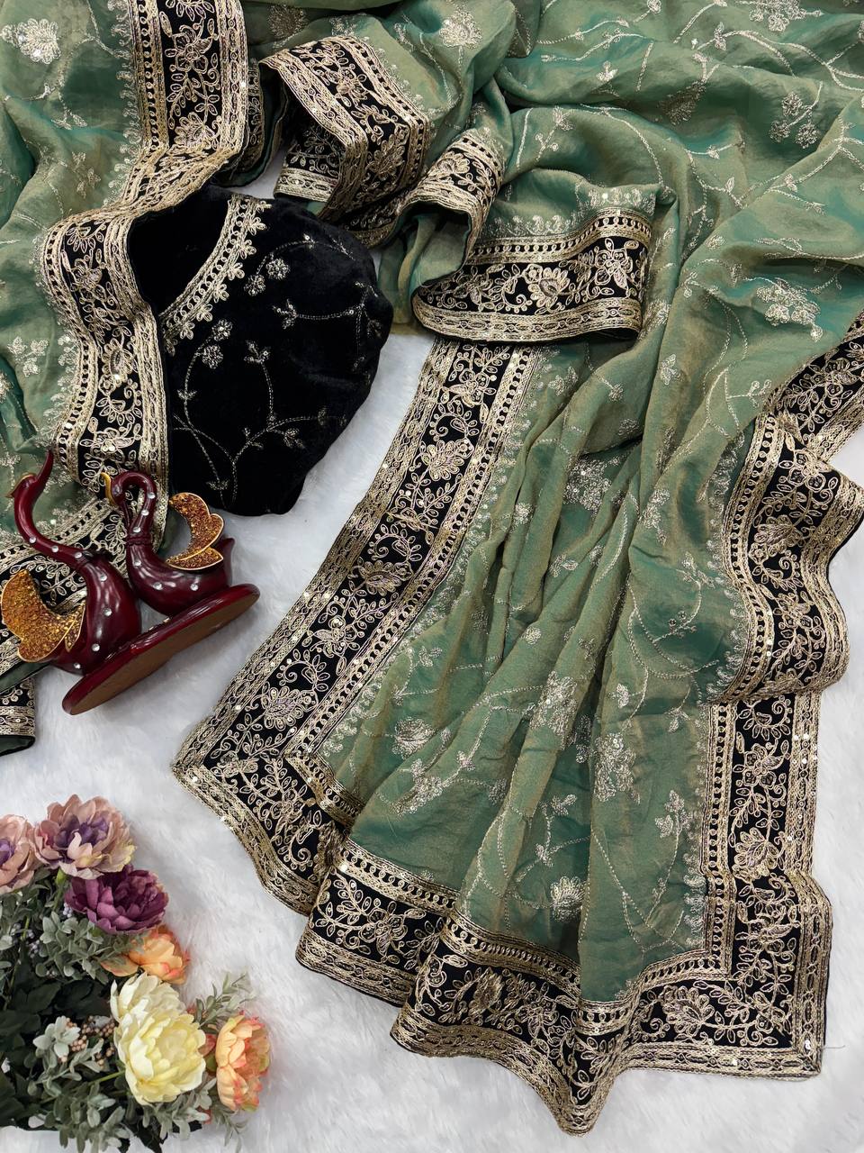 Moss Silk Saree with Sequence & Zari Embroidery and Velvet Lace Border