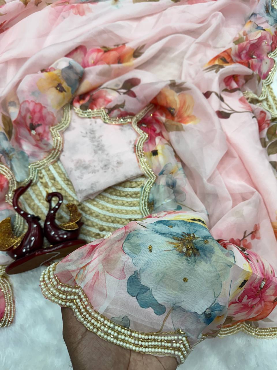 Soft Tebby Silk Floral Print Saree with Beads & Katdana Handwork Blouse